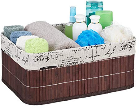 Relaxdays Almacenamiento, Funda Tela Diseño Retro, Bambú, Rectangular, Cesta Estante Baño, 16,5x38x28,5 cm, Marrón, Poliéster