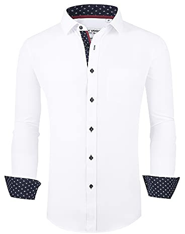 Alex Vando Men's Casual Button Down Long Sleeve Straight Fit Shirt, white, L