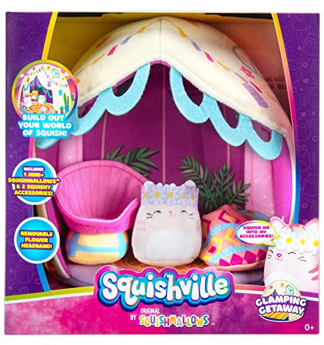 Squishville- Deluxe Playscene-Include 2 Pollici Paulita The Pink Tabby Cat, Sedia a Secchio, Sacco a Pelo e Scena Glamping-Giocattoli per Bambini, Multicolore, SQM0210