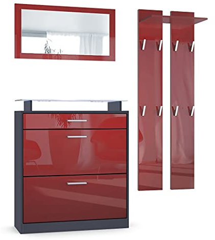 Vladon Loret Mini Hallway Set, Hallway Set with 1 Shoe Cabinet, 1 Wall-Mounted Mirror and 2 Coat Rack Panels, Anthracite matt/Bordeaux High Gloss (89 x 104 x 23 cm)