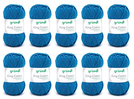 Gründl Wolle King Cotton - dicke Wolle zum Stricken - Strickgarn - Häkelgarn - weich und hautfreundlich - 55 % Polyacryl, 45 % Baumwolle - 10 Knäuel 50 g / 78 m - Nadelstärke 6-7 - mittelblau
