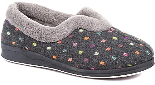 Pavers Ladies Wide Fit Polka Dot Slippers in Dark Grey with Memory Foam and Anti-Odour Treatment Women Fluffy Inner Lining Shoes - Size UK 3/EU 36