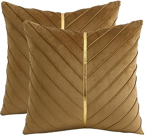 Tosleo 2 Stück Samt Kissenbezüge 60x60 cm Dekorative Kissenhülle mit Gold Leder Luxus Moderne Braun für Wohnzimmer Schlafzimmer Sofa Kissen