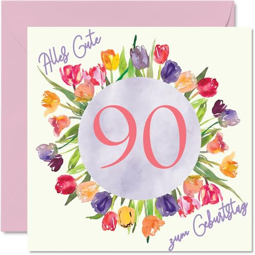 90° biglietto di compleanno per donne – acquerello tulipani fiori bouquet – Buon compleanno per 90 anni moglie mamma bisnonna 145 mm novantesimo compleanno biglietti di auguri