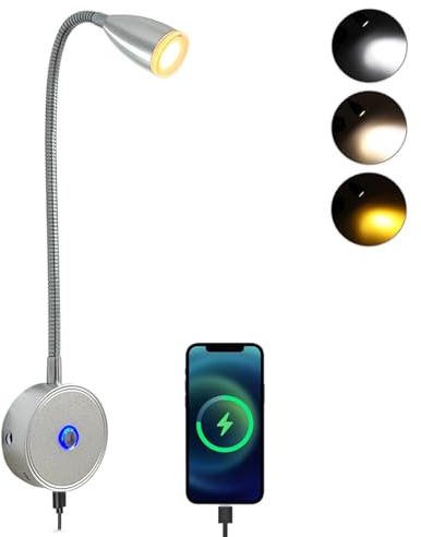 Intckwan Lampe de lecture LED 12 V, 3 températures de couleur, 3 W, variable, col de cygne flexible, DC12-24 V, pour voiture, camion, caravane, camping, bateau (1 pièces)
