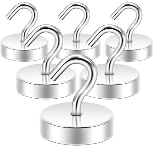 Neosmuk 60lb+ Extra Strong Magnet with Hook for Fridge,Heavy Duty Cruise Hook for Ceiling,Small Magnetic Holder for Van, Tool(Silver, Pack of 6)