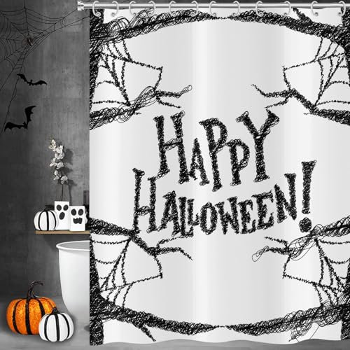 Hnmdmyi Rideau de Douche Halloween 120x180, Noir et Blanc Arbre Mort avec Toile d'Araignée Rideau de Douche Spooky Horror Halloween Thème Rideau de Bain Etanche Polyester Tissu Lavable Rideau de Bain