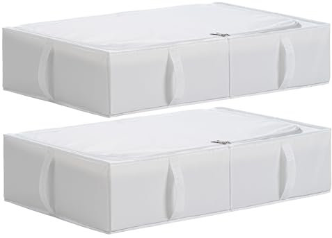 TYEERS Under Bed Storage Box with Lid, Durable Fabric, Washable, Collapsible, Under Bed Storage for Clothes, Blankets, Sheets, Shoes, 70x42x18 cm, 2-Pack, White