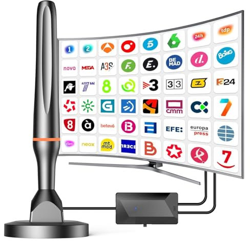Antena TV Interior,Antenas de TV,Poderoso Antena HDTV Digital con Interiores Amplificador,Base Magnética y Cable Coaxial,Soporta 1080P/4K TDT DVB-T/T2