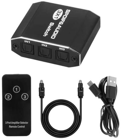 Jeenuuder SPDIF Toslink Switcher 3 in 1 Out Digital Optical Audio Splitter Selector Switch 3x1 with IR Control Support DTS AC3