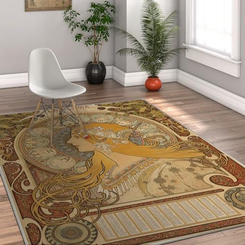 FEIPUHOME Art Antik Barock Stil Bereich Teppich Vintage Luxus Design Großer Teppich Frau Trägt Schmuck Porträt Malerei Nicht Verschütten Teppiche 90x150cm