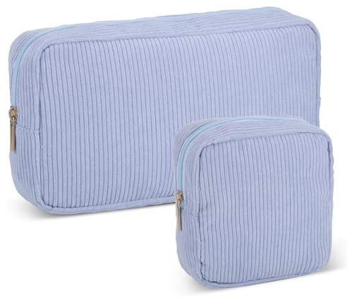 Huiguli 2 Pezzi Borsa Porta Trucchi, Trousse da Viaggio per Cosmetici con Scomparto, Trousse Trucchi in Velluto a Coste, Trousse da Toilette per Donne Ragazze Viaggio Shopping (Blu Cielo)