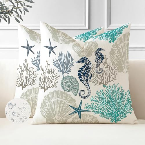 Miuyunya Juego 2 Hogar Fundas Cojines Decorativa Oceano 50 x 50 cm Almohadas Fundas Caballo de Mar Estrella de Mar Azul Cojines Decorativos para Sala de Estar Sofás Jardín Coche
