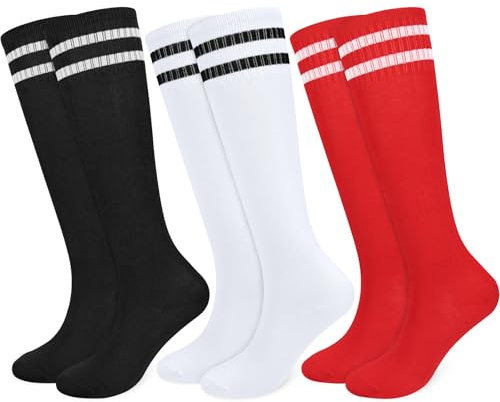srclo 3 Pairs de Chaussettes de Football Respirantes pour Enfants, Longues Chaussettes de Sport pour Garçons Filles Jeunes Juniors Course, Entraînement, Rugby, (Âgé de 5-12 ans), Noir / blanc / rouge