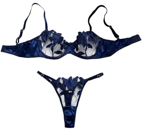 Lingerie Transparente Hot Ensemble de Lingerie élégant avec Broderie Florale pour Femmes, Soutien-Gorge et Culotte Sexy Robe De Chambre Sexy (Blue, XL)