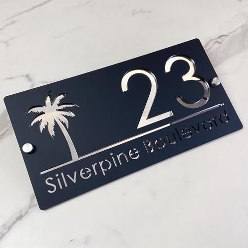 Plaque d'adresse personnalisée - Numéro de maison 3D en acrylique découpé au laser - Design moderne avec effet flottant et arbre de vie - Panneau extérieur pour maison, hôtel et appartement - Noir