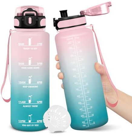 Gourde, 1500ML Sans BPA, Gourde sport, Conception de Verrouillage Anti-Fuite, Bouteille, Avec Horodatage, Bouteille Eau pour École, Yoga, En cours d'exécution, Escalader Des Montagnes - RoseCyan