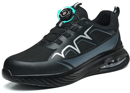 MIEHUIAI Zapatos de Seguridad para Hombre Mujer Ligero Zapatillas de Trabajo con Punta de Acero SRC Comodo Calzado de Seguridad Transpirable Antideslizantes(188 Negro,44EU)