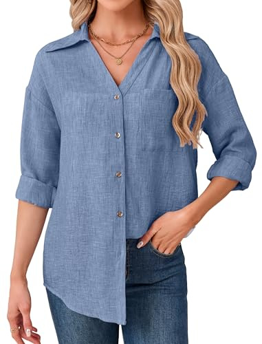 Enmain Chemiser Coton et Lin Femme Col en V Été Chemise Femme Manches Longues Respirante Légère Blouse Chic et Élégant Décontracté Haut à Boutons pour Bureau Plage Vacances Grande Taille S-3XL