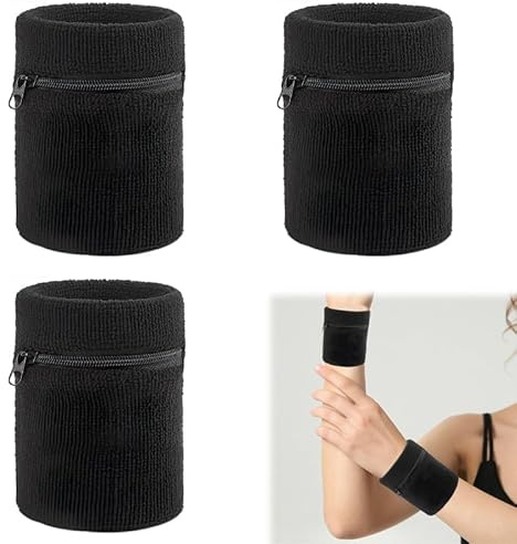AZWOOD Svettband sport armband, 3 st sport svettband med praktisk dragkedja, bomull handledsväska män och kvinnor för fotboll, basket, löpning och tennis sport