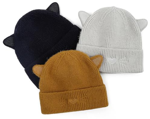 LACOFIA Vintermössa för bebisar med kattöron småbarn flickor pojkar varm stickad mössa mjuk mössa hatt, Svart + brun + grå, 0-6 månader