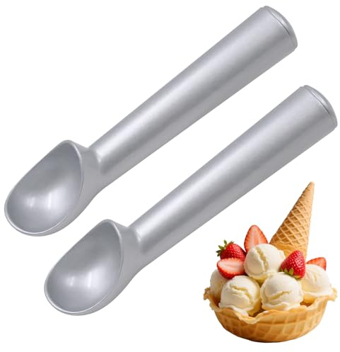 2 Piezas Plata Cuchara Helado Bola, Diseño Resistente y Duradero Cuchara Helado, Aluminio Fácil de Limpiar Sacabolas Helados para Doméstico y Heladerías, Antiadherente para Gelatina Masa de Galletas