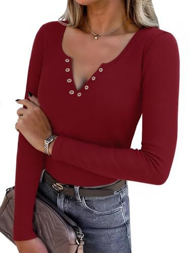 Aottori Camiseta Manga Larga Mujer Cuello en V Túnica Tops Elegantes Punto Acanalado Camisas Ajustado Ligero Básico Jersey Pullover con Detalles Botones Rojo Vino L