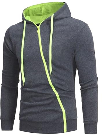 Lätt herrtröja med dragkedja och huva, huva och fickor, hel dragkedja, fleecehuva, slim fit, höstytterkläder, mörkgrå, medium