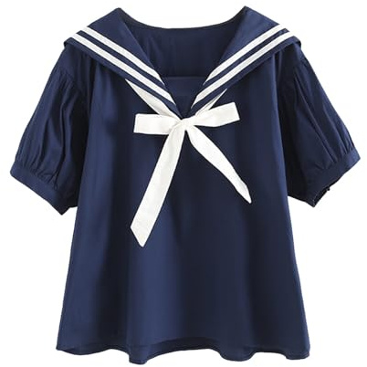 Women's Preppy Style Short Sleeve Sailor Collar Blouse Bow Knot Summer Casual Loose Shirt Uniform Shirt Sailor Collar Necktie Loose Blouse Tops Navy