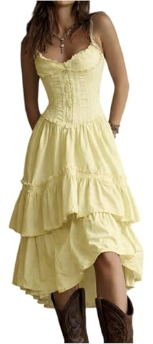 Générique Robe Femme Ete Chic Elegant Robe Femme Longue Fluide avec Corset Dos Nu Croise Et Volants Plisses Robe Femmes Boheme pour Ceremonie Cocktail Et Plage