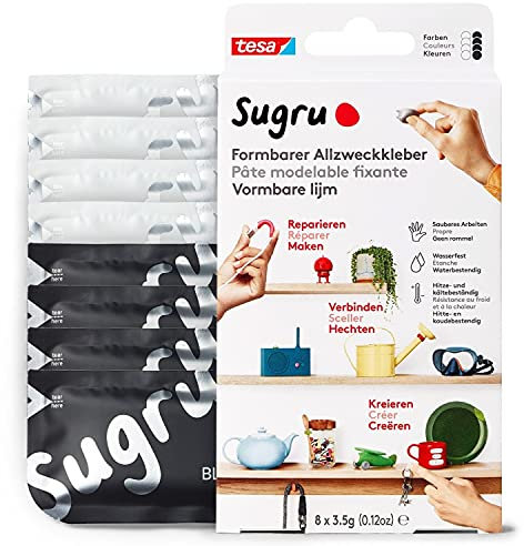 Sugru by tesa - Formbarer Allzweckkleber, 8er-Pack, 8 x 3,5 g, Schwarz & Weiß - vielseitige Klebeknete - zum Dekorieren, Kleben, Reparieren und für kreative DIY-Anwendungen