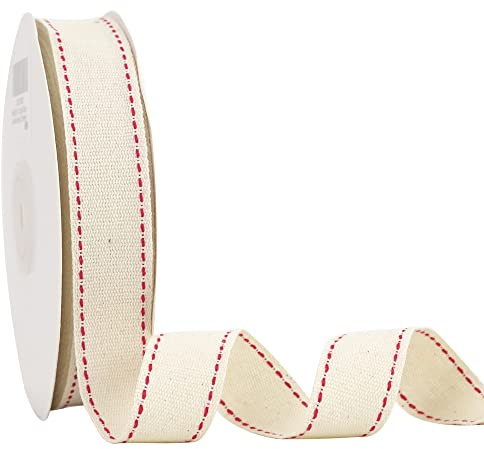 MEEDEE 7/8 inch Cotton Ribbon with Red Stitched Double Red Trim Cotton Ribbon for DIY Crafts, Gift Wrapping, DIY Crafts Projects, Party Wedding Natural Themed Events Decorating (25 Yards)