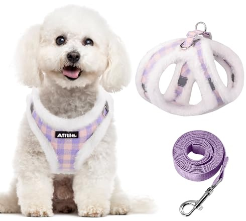 AIITLE Reflective Classic Plaid Dog Vest Harness and Leash Set - Adjustable Plush Dog Harness with Safety Buckle - Cold Weather Dog Harness for Outdoor Use Purple XXXS