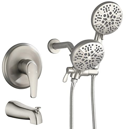 Shower Tub Kit Dual Shower System with Tub Spout Tub and Shower Faucet Set Complete Dual Shower Head and Handheld Combo Set Tub and Shower Trim Kit Brushed Nickel