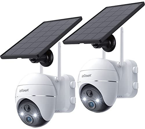 ieGeek 2K Caméra Solaire, Caméra IP Batterie, Vision Nocturne Couleur, PIR Détection de Mouvement, Sirène d'alarme, Audio Bidirectionnel,2pcs