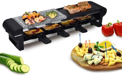 Syntrox Raclette-Grill Thurga, Raclette Set für vier Personen, Antihaftbeschichtung für einfache Reinigung, Geteilte Platte mit heißem Stein und Grillplatte