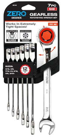 Zero Degree 38140 Ultra-Precise 7-Piece Gearless Ratchet Wrench Set – Nickel Plated High-Carbon Steel with ASME Certified Torque – Durable & Rust-Resistant – Perfect for Tight Spaces, SAE