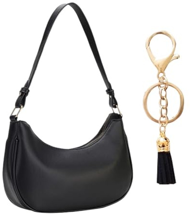 Bolso de Hombro Media Luna con Colgante de Borla, Negro - Bolso Liviano con Textura para Viajes Informales de Mujer