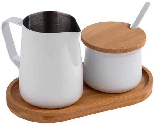 APS 631 Service à lait et sucre 5 pièces en bambou et acier inoxydable avec revêtement anti-adhésif Blanc
