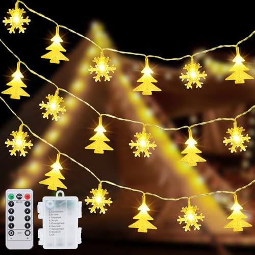 Guirnalda de Luces LED con Árbol de Navidad de Copos de Nieve 6M 40LED Cadena Luces Funciona con Pilas 8Modos Luces de Navidad Resistente al Agua para Interior y Exterior Jardín Fiesta Decoración