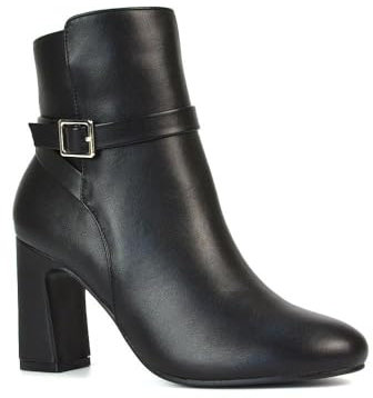ESSEX GLAM Women's Ankle Boots Block Mid High Heel Ladies Black Synthetic Leather Buckle Strap Shoe Booties Size 4