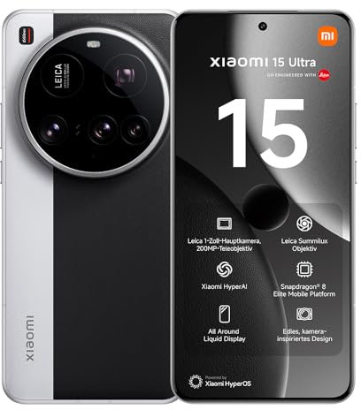 Xiaomi 15 Ultra Smartphone, 16+512GB, Silber, Handy ohne Vertrag, 100mm 200MP Leica Kamera, 120Hz WQHD+ AMOLED Display, Snapdragon 8 Elite, 5410mAh, 90W HyperCharge, Xiaomi Hyper AI, Dual-SIM