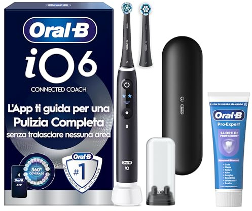 Oral-B iO 6 Spazzolino Elettrico, 2 Testine di Ricambio, Custodia, Nero - 2 Testine di Ricambio per Spazzolino Elettrico, Ricaricabile, Custodia da Viaggio + Dentifricio Pro-Expert Sbiancante Delicato