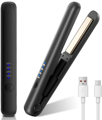 Cordless Hair Straighteners, 2 in 1 Mini Hair Straightener Rechargeable Travel Straighteners with 4 Temperature, Fast Heat Up, Portable Hair Straightener and Curler with 3000mAh for Women (Black)