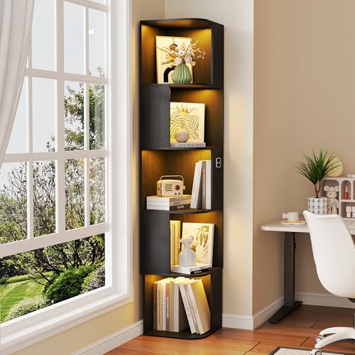 Gurexl 165 CM LED Vitrina con Sensor,Armario de Colección de Esquina con 5 Niveles con 3 Colores LED,Estantería de Pie con Compartimentos Abiertos Asimétricos para Sala de Estar,Oficina,Negro