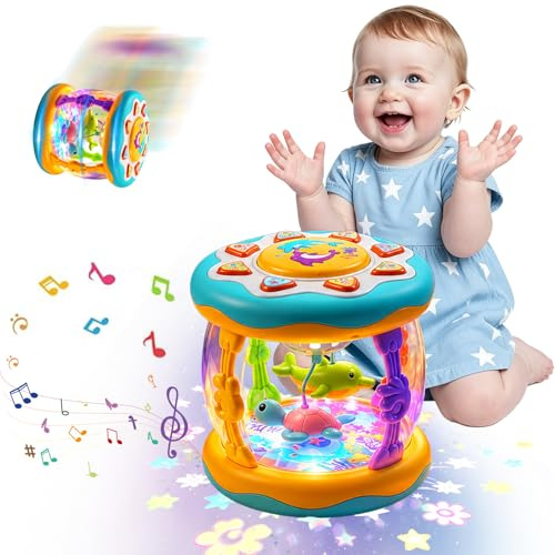 Jouet Bébé 1 an, Jouet Musical pour Bébés 12 Mois + | Tambour Jaune avec Musique et Lumières Colorées, Cube d'Activité Rotative avec Projection Marine Cadeau pour Garçons & Filles