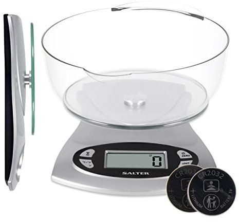 Salter 1069 SVDR - Bilancia elettronica da cucina, recipiente rimovibile per lavastoviglie da 1,8 L, pratico schermo LCD, display con orologio, timer e temperatura ambiente, metriche/imperiali, 5 kg