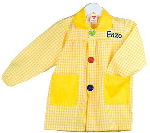 KLOTTZ Grembiule Scolastico con Nome Ricamato Personalizzabile a Quadri. per Asilo e lavoretti Manuale. Giallo. 7/8 Anni (124-133cm)