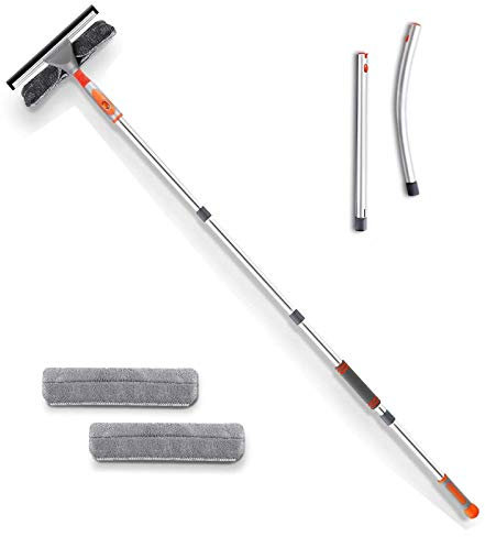 Baban Squeegee Window Cleaner 2 in 1 Window Cleaning Tool with Elbow and Straight Extension Pole, 61'' Telescopic Window Washing Equipment with Bendable Head for Car Indoor Outdoor High Windows (2 Pad