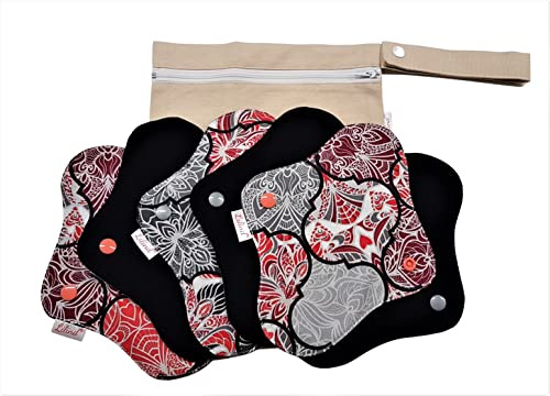 Lilind Lot de 6 serviettes hygiéniques en tissu bio 24 cm avec fermeture éclair Sac imperméable réutilisable 100 % coton